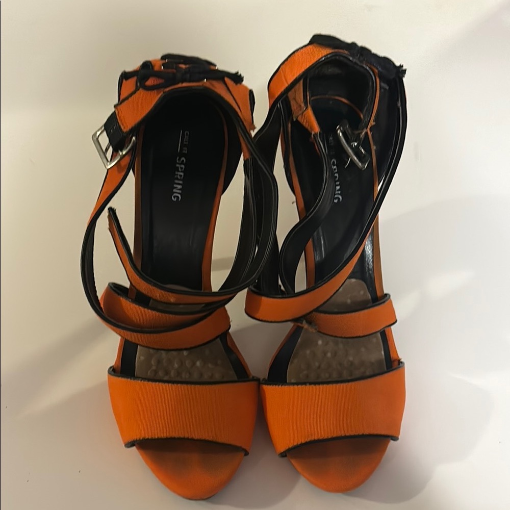 Call It Spring Orange Heels Side Buckle Faux Lace Up at Rear Size 10